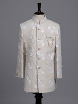 Cream boys linen indowestern set with elegant floral threadwork