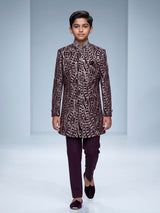 Wine boys poly cotton indowestern set with golden sequins
