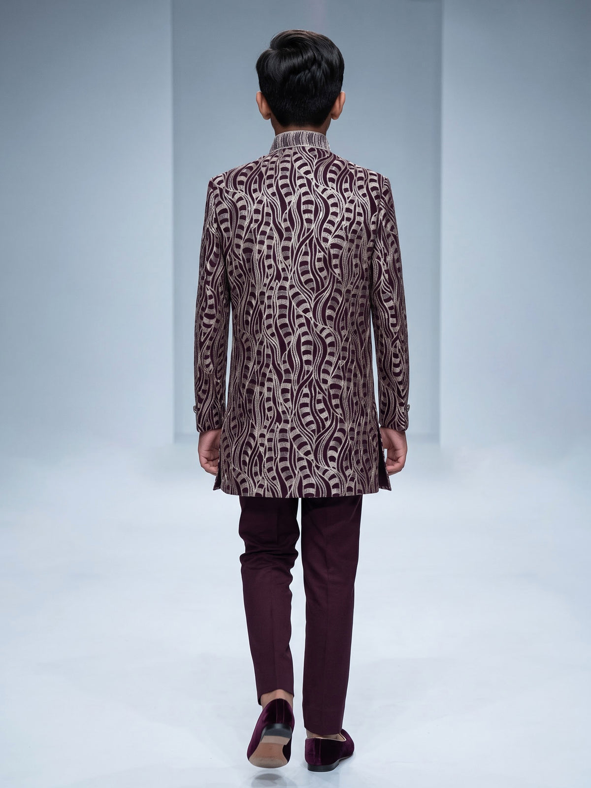 Wine boys poly cotton indowestern set with golden sequins