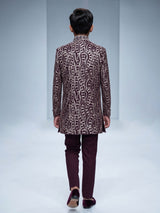 Wine boys poly cotton indowestern set with golden sequins