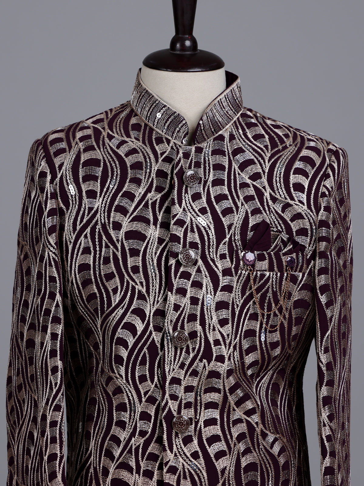 Wine boys poly cotton indowestern set with golden sequins