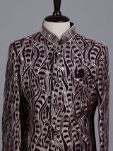 Wine boys poly cotton indowestern set with golden sequins