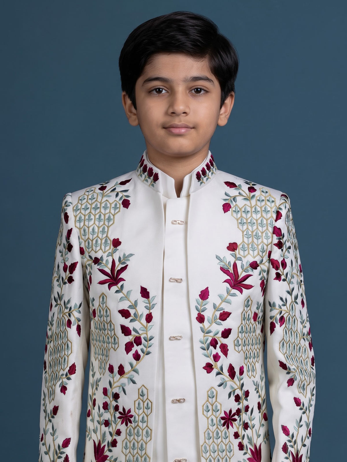 White boys terry rayon indowestern set with long jacket style