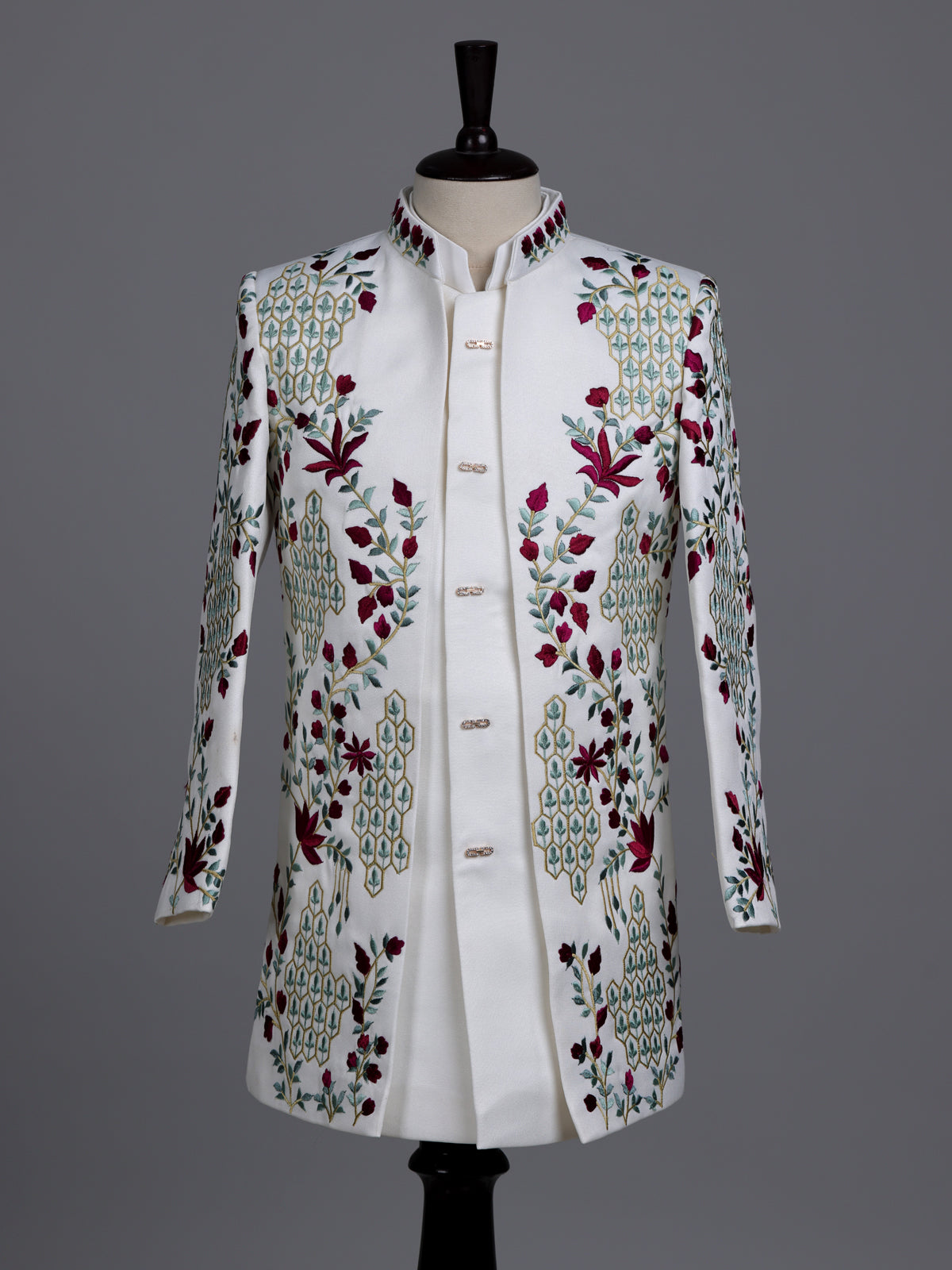 White boys terry rayon indowestern set with long jacket style
