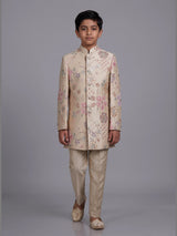 Beige boys silk indowestern set with floral sequins and cutdana