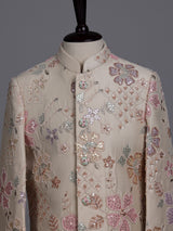 Beige boys silk indowestern set with floral sequins and cutdana