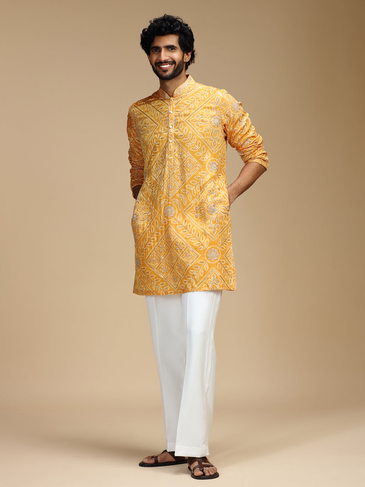 Mustard yellow art silk mens kurta suit for haldi