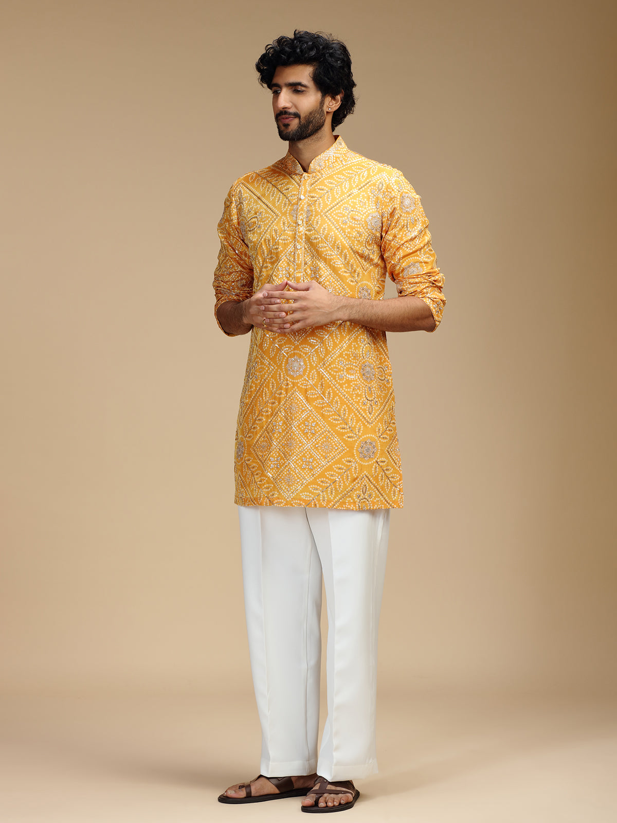 Mustard yellow art silk mens kurta suit for haldi