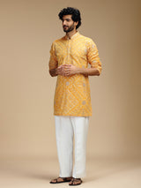 Mustard yellow art silk mens kurta suit for haldi