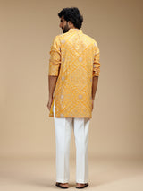 Mustard yellow art silk mens kurta suit for haldi