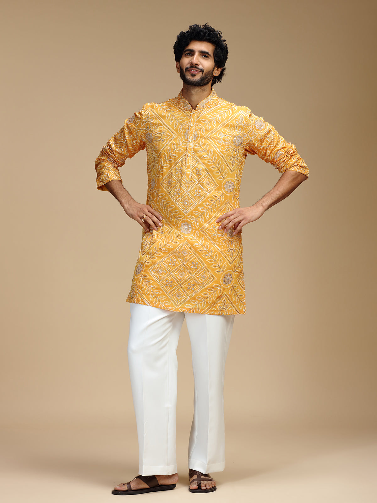 Mustard yellow pure crepe mens kurta suit for haldi