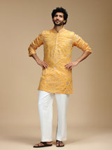 Mustard yellow art silk mens kurta suit for haldi