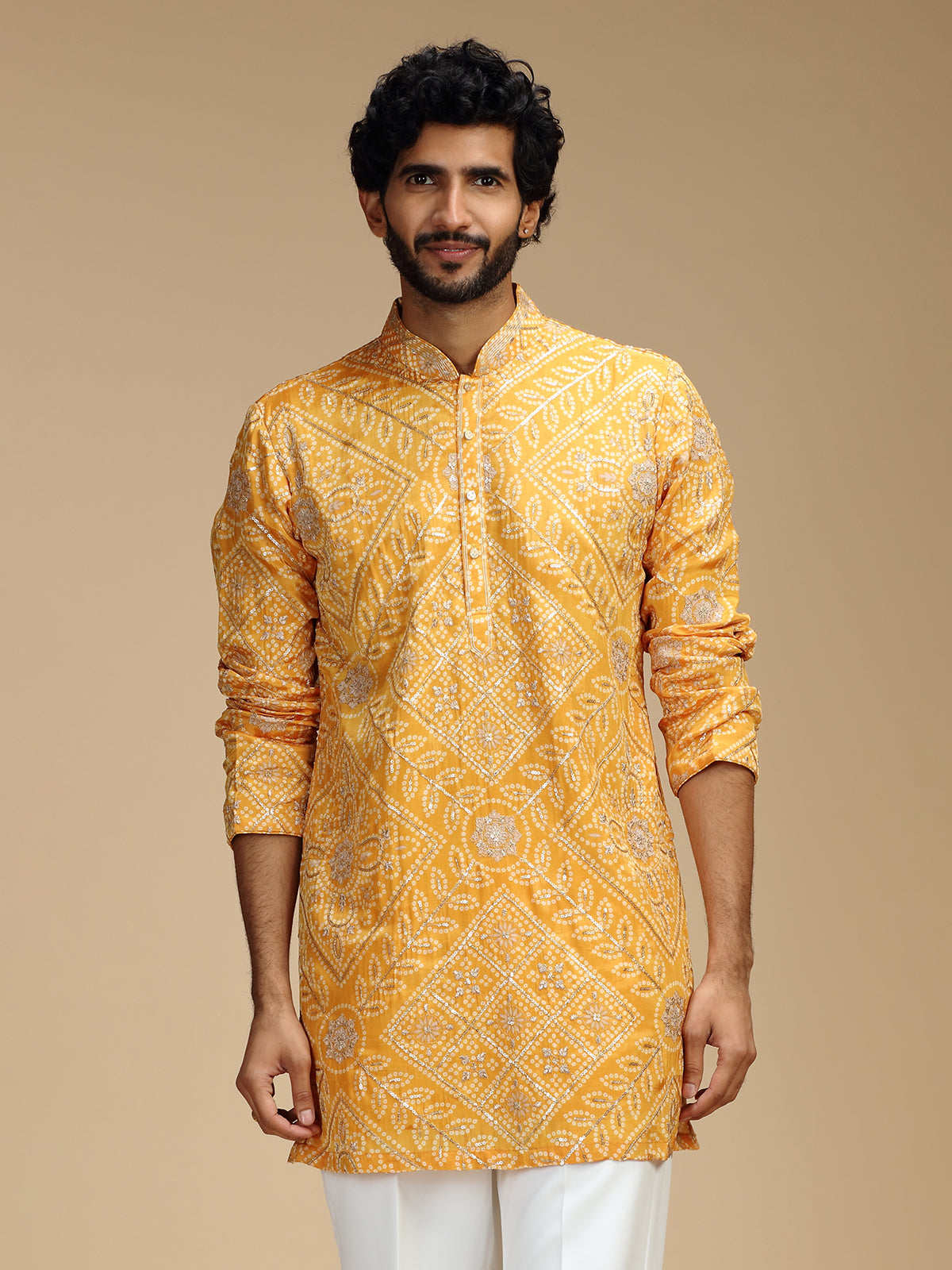 Mustard yellow art silk mens kurta suit for haldi