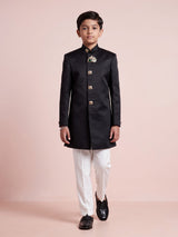 Jet black boys silk indowestern set with antique gold buttons