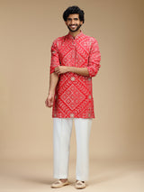 Red pure crepe mens kurta suit with floral panels