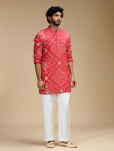 Red pure crepe mens kurta suit with floral panels