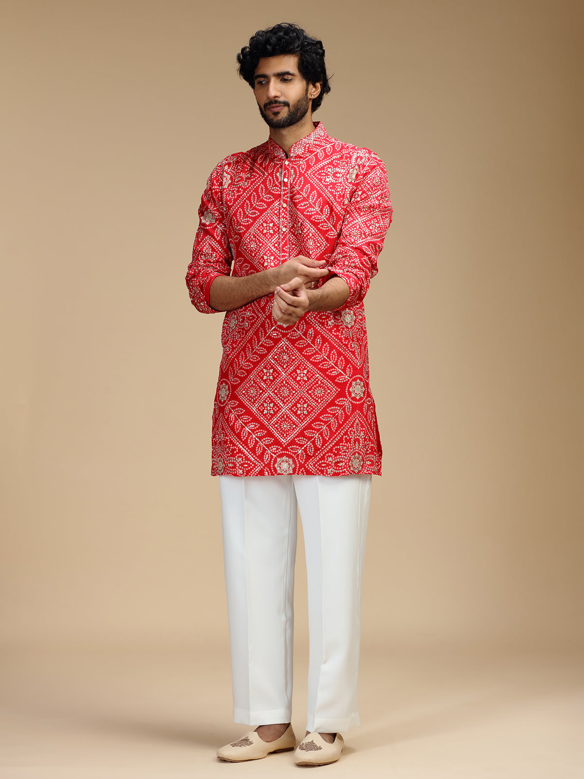 Red pure crepe mens kurta suit with floral panels
