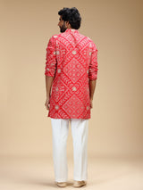 Red pure crepe mens kurta suit with floral panels