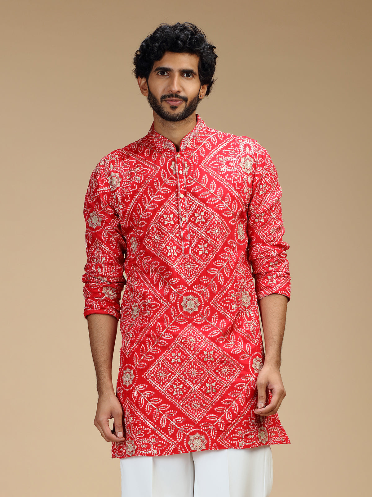Red pure crepe mens kurta suit with floral panels