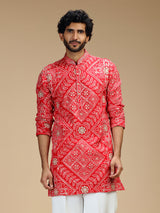 Red art silk mens kurta suit with floral panels