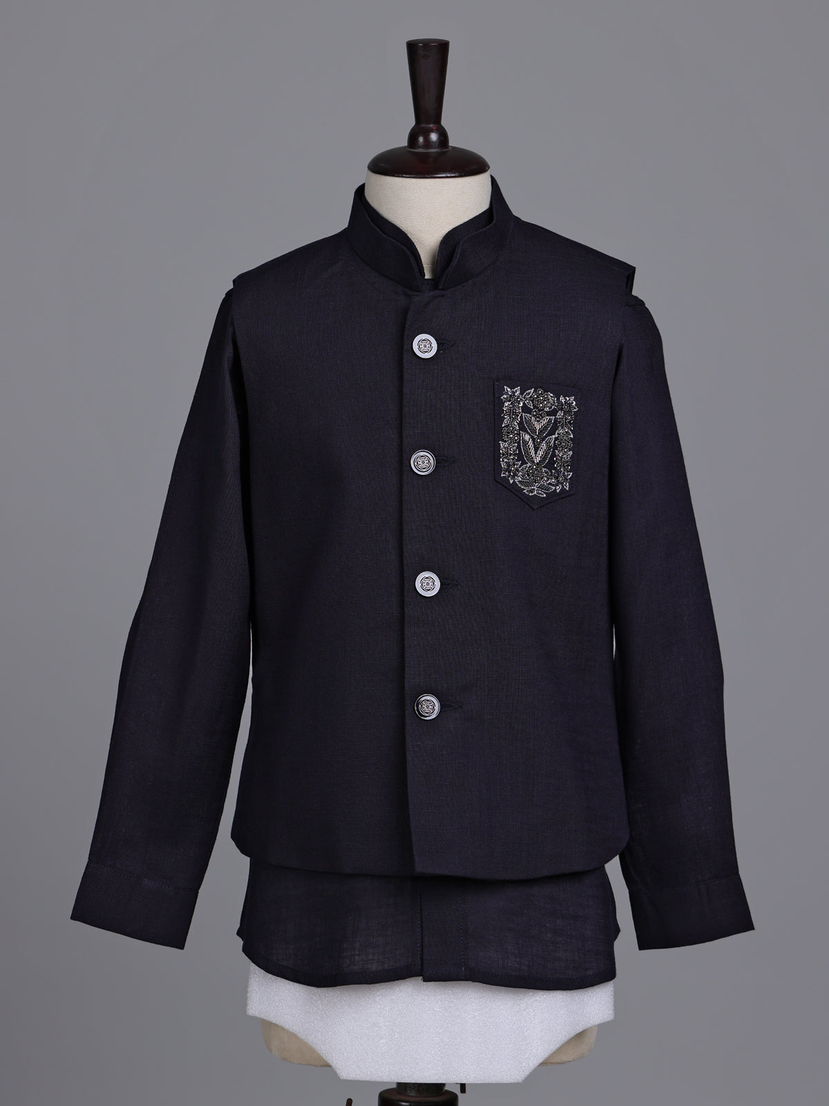 Black boys waistcoat set with embellished chest pocket detailing