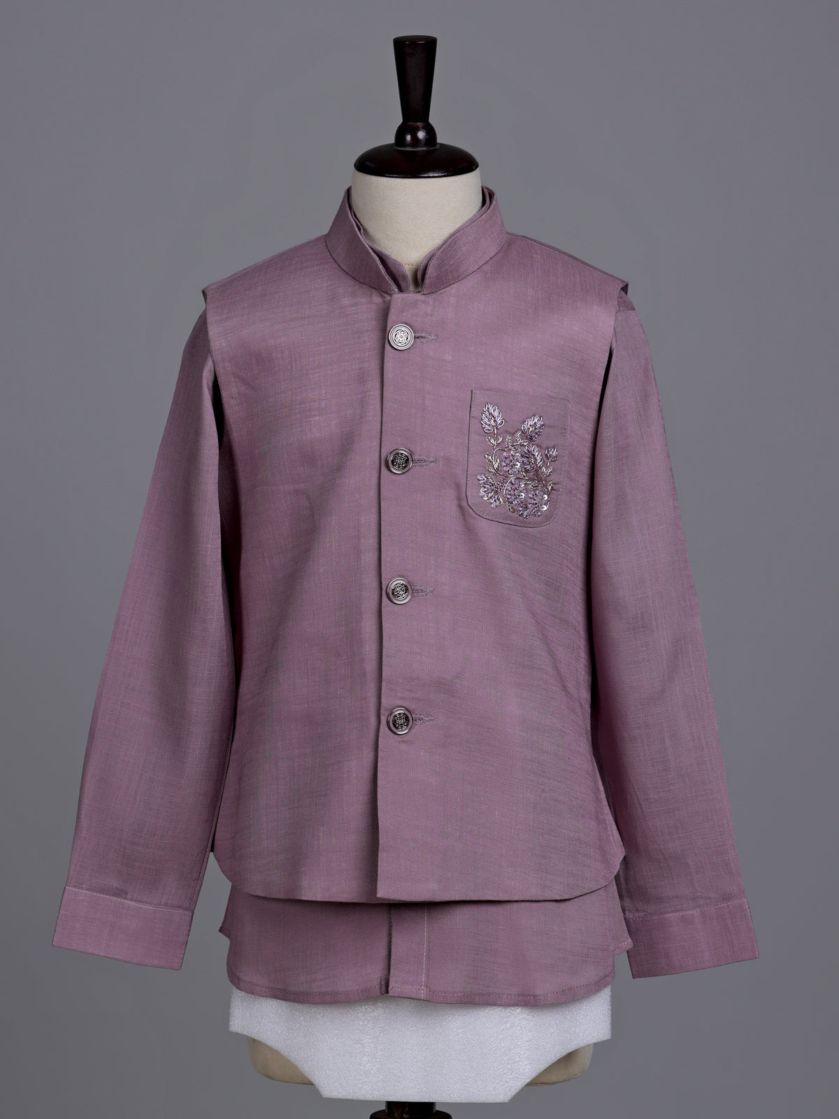 Pink boys waistcoat set with zardosi chest pocket embellishments
