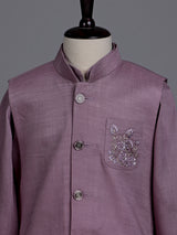 Pink boys waistcoat set with zardosi chest pocket embellishments
