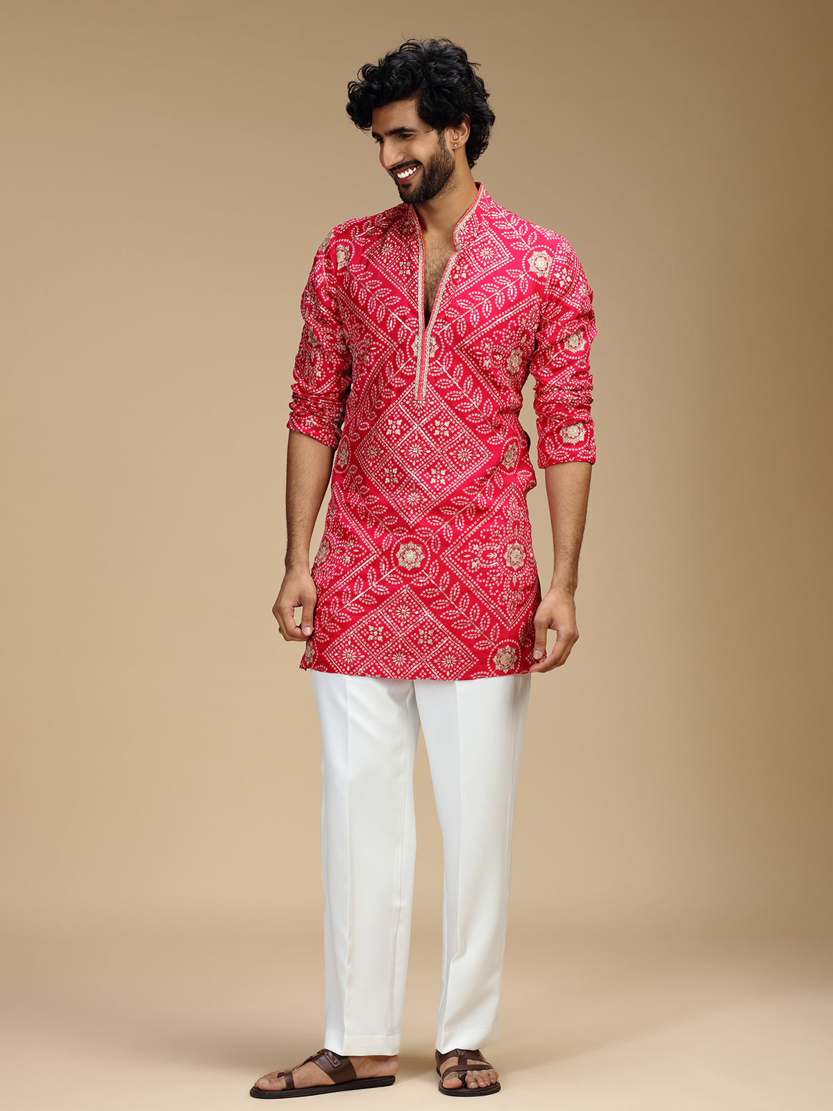 Magenta pink pure crepe mens kurta suit with floral medallions