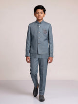 Stone grey boys waistcoat set with zardosi chest pocket accents