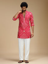 Magenta pink pure crepe mens kurta suit with floral medallions