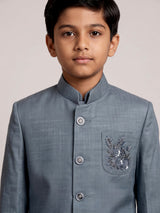 Stone grey boys waistcoat set with zardosi chest pocket accents