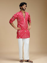 Magenta pink pure crepe mens kurta suit with floral medallions