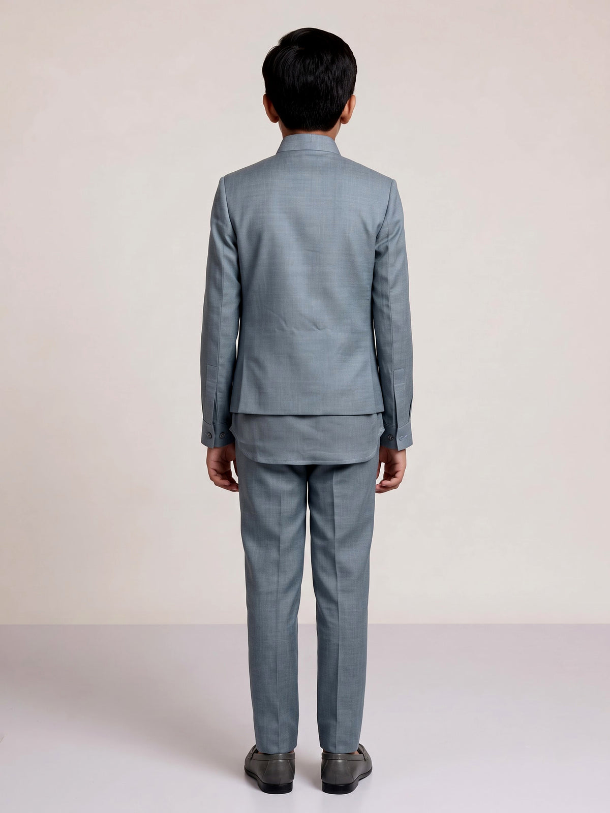 Stone grey boys waistcoat set with zardosi chest pocket accents