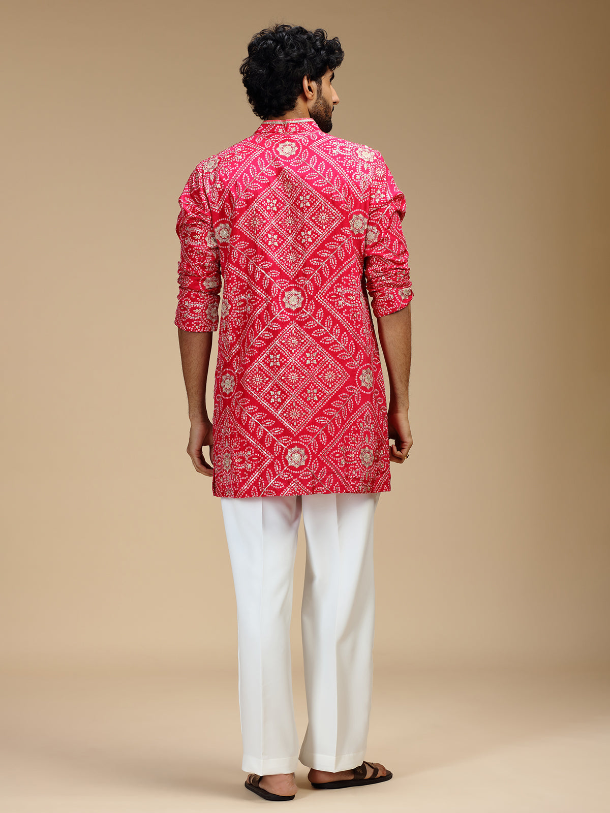 Magenta pink pure crepe mens kurta suit with floral medallions