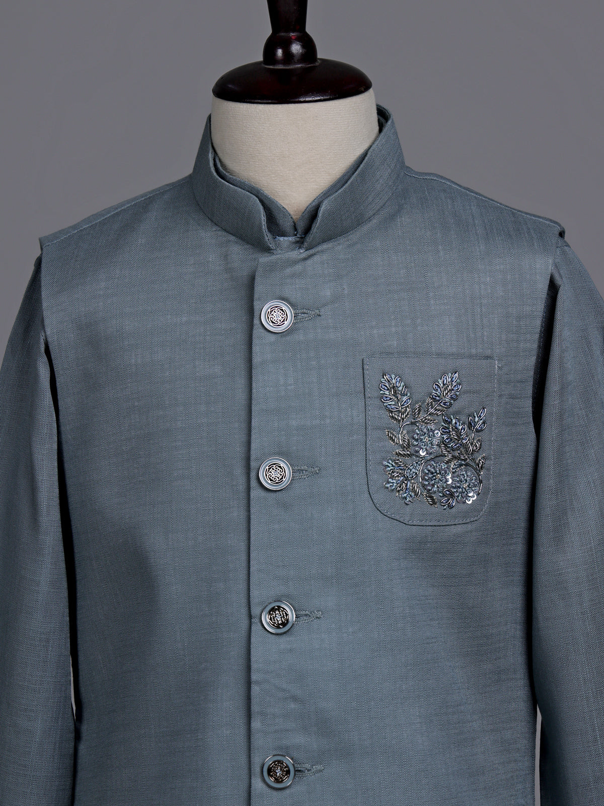 Stone grey boys waistcoat set with zardosi chest pocket accents
