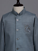 Stone grey boys waistcoat set with zardosi chest pocket accents