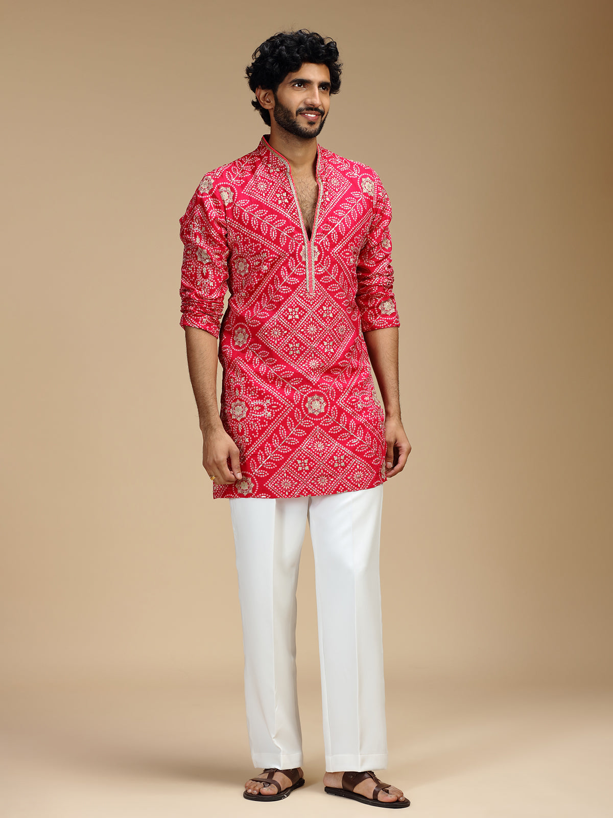 Magenta pink pure crepe mens kurta suit with floral medallions