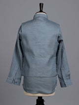 Stone grey boys waistcoat set with zardosi chest pocket accents
