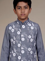 Stone grey boys waistcoat set with floral white threadwork