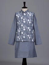 Stone grey boys waistcoat set with floral white threadwork