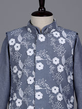 Stone grey boys waistcoat set with floral white threadwork