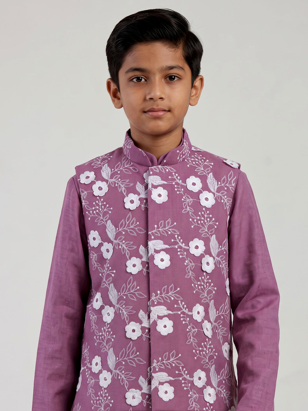 Pink boys waistcoat set with floral white thread detailing