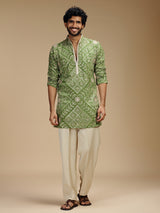 Green pure crepe mens kurta suit with floral medallions