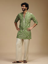 Green pure crepe mens kurta suit with floral medallions
