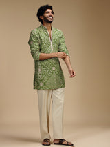 Green art silk mens kurta suit with floral medallions