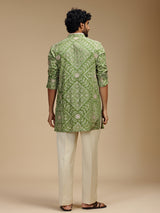 Green pure crepe mens kurta suit with floral medallions