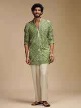 Green pure crepe mens kurta suit with floral medallions