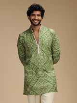 Green art silk mens kurta suit with floral medallions