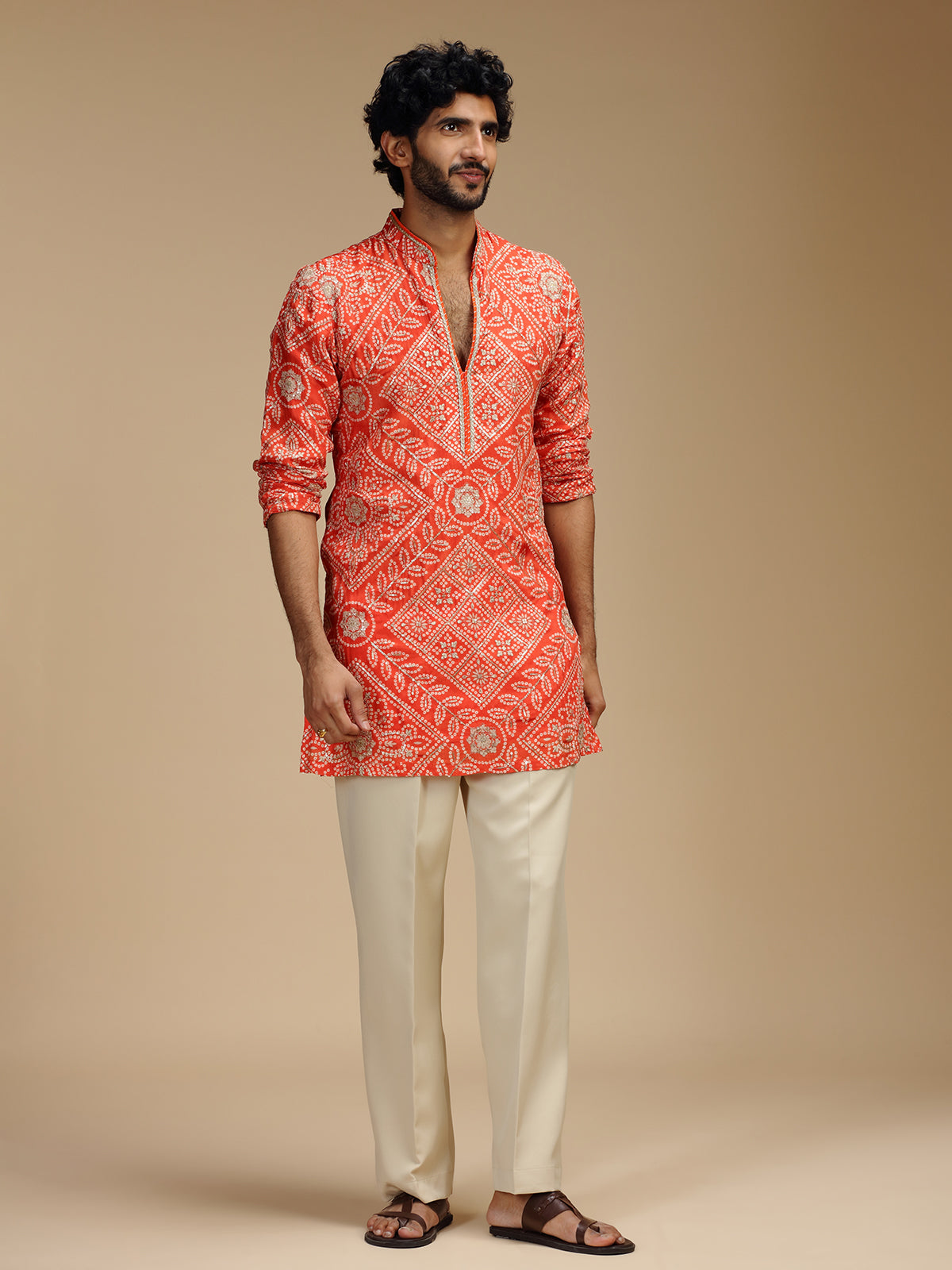 Orange pure crepe mens kurta suit with bandhani design