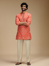 Orange pure crepe mens kurta suit with bandhani design